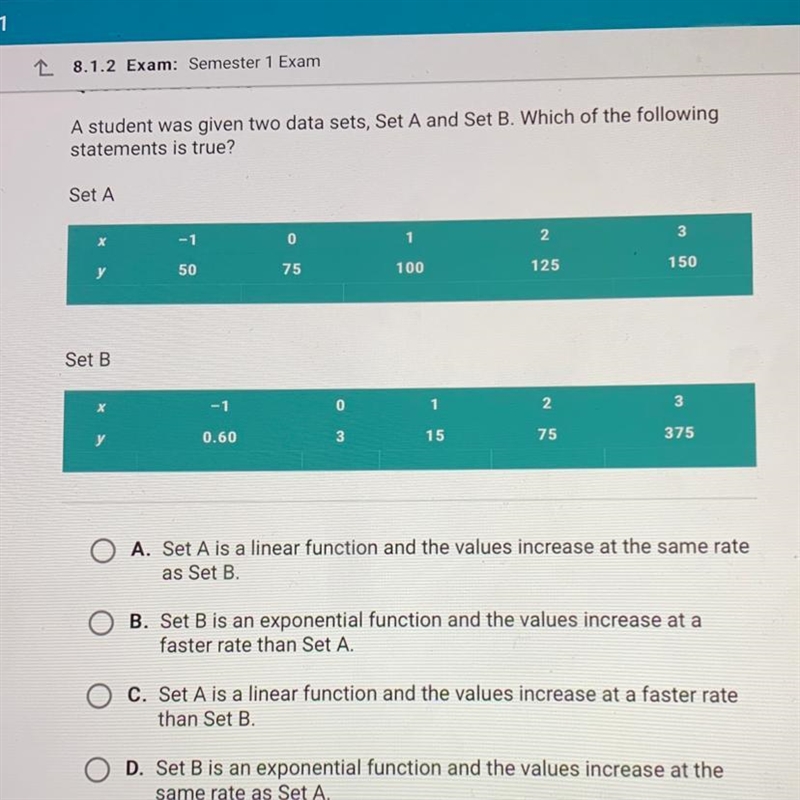 A student was given two data sets, Set A and Set B. Which of the following statements-example-1