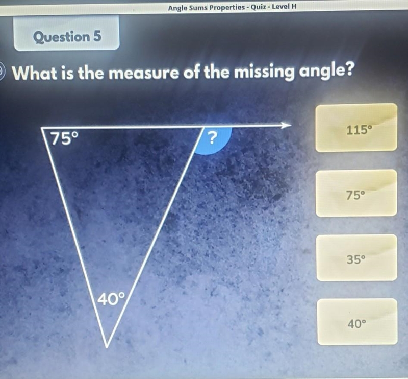 Question 5 :)) What is the measure of the missing angle?​-example-1