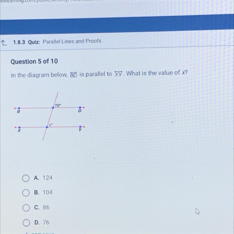 Question 5 of 10 In the diagram below, 30 is parallel to XY. What is the value of-example-1