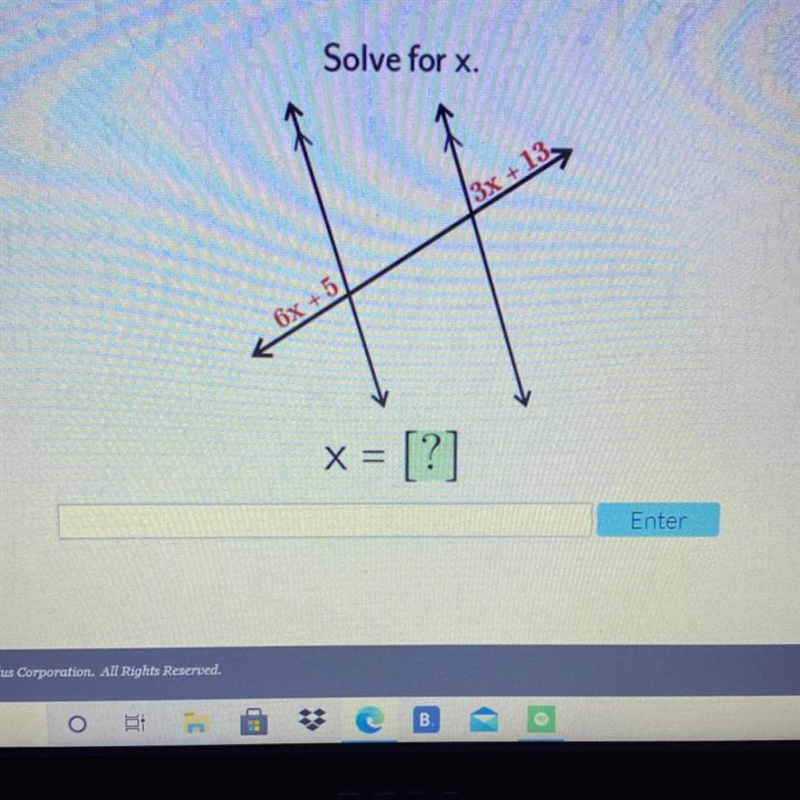 Solve for x. 3x +13 6x + 5 x = [?]-example-1