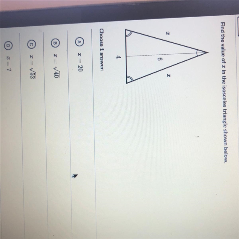 Please help! find the value of x in the isosceles triangle shown below. 4 6-example-1