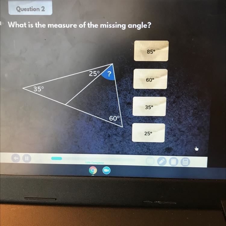 What is the measure of the missing angle in this angle-example-1