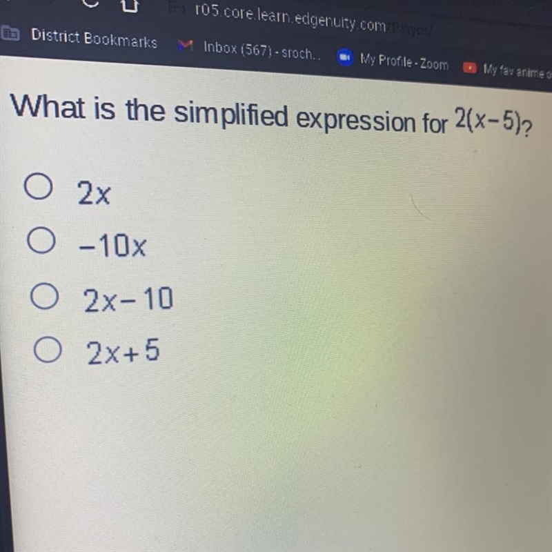 What is the simplified expression for 2(x-5)? A. 2x B. - 108 C. 2x-10 D. 2x+5-example-1