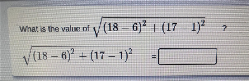 What is the value of √(18-6)^2+(17-1)^2-example-1