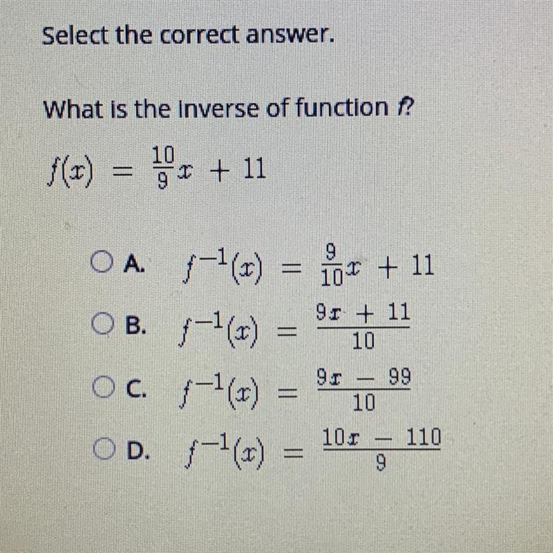 Select the correct answer. What is the inverse of function f?-example-1