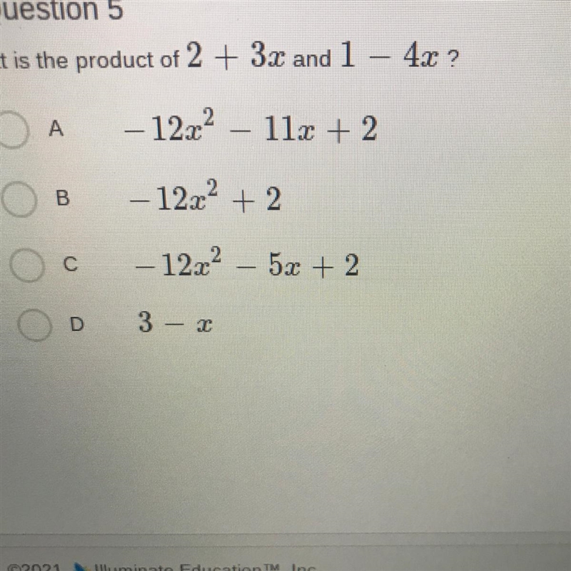 What is the product of 2 + 3x and 1 – 4x ?-example-1