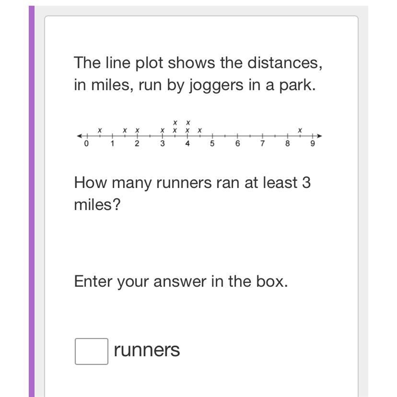 The line plot shows the distances, in miles, run by joggers in a park. How many runners-example-1