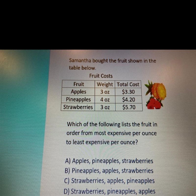 Samantha bought the fruit shown in the table below-example-1