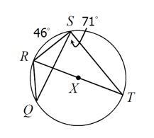 In circle X, if m∠QST = 71°, and mRS⌢ = 46°, find each measure. You will not use all-example-1