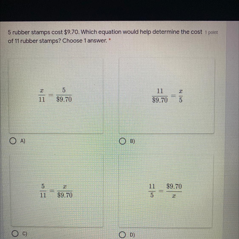 5 rubber stamps cost $9.70. Which equation would help determine the cost 1 point of-example-1