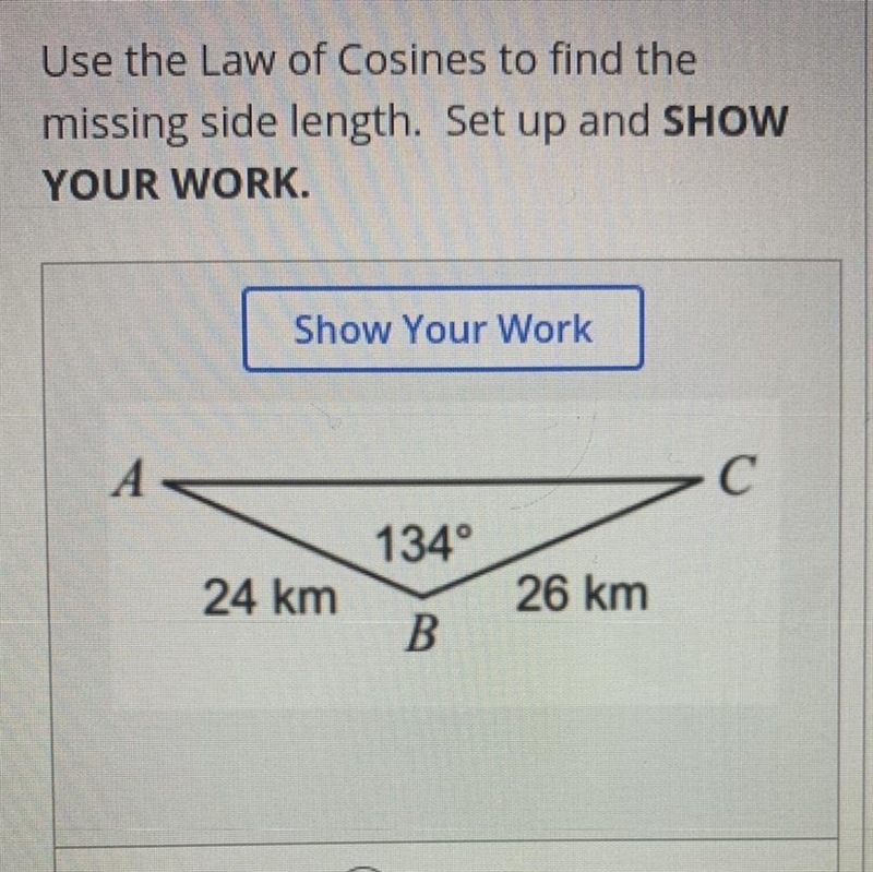 Need help with this “Use the law of Cosines to find the missing side length. Set up-example-1