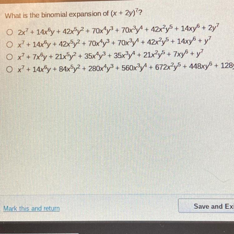 What is the bionominal expansion of (x+2y)^7-example-1