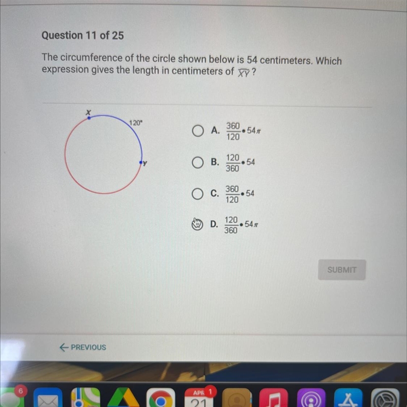 The circumference of the circle shown below is 54 centimeters. Which expression gives-example-1