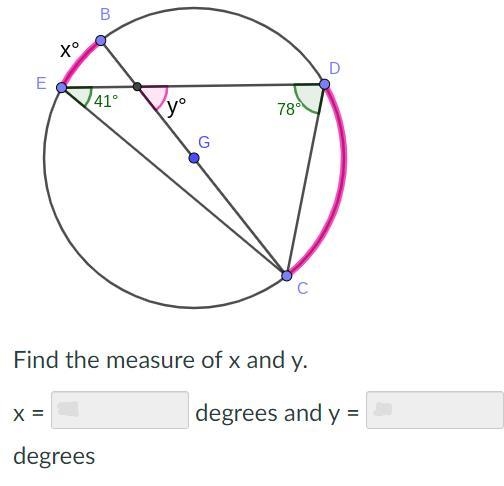 Circle G contains the diameter BC Find the measure of x and y.-example-1