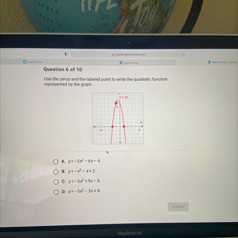 Use the zeros and the labeled point to write the quadratic function represented by-example-1