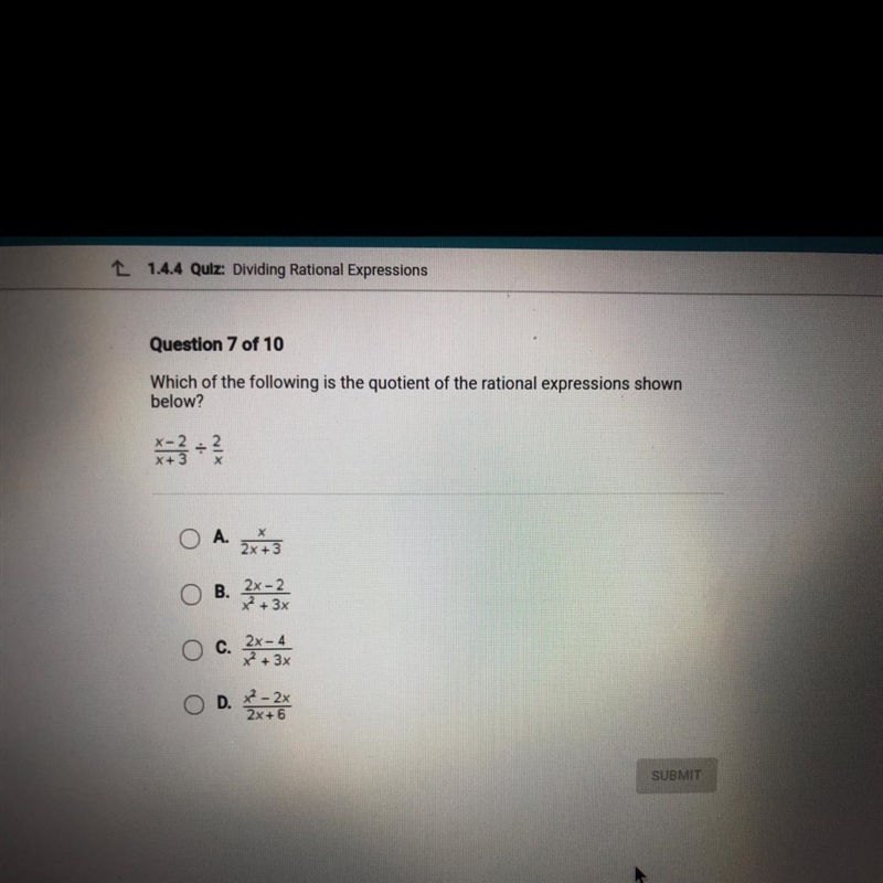 Which of the following is the quotient of the rational expressions shown below?-example-1