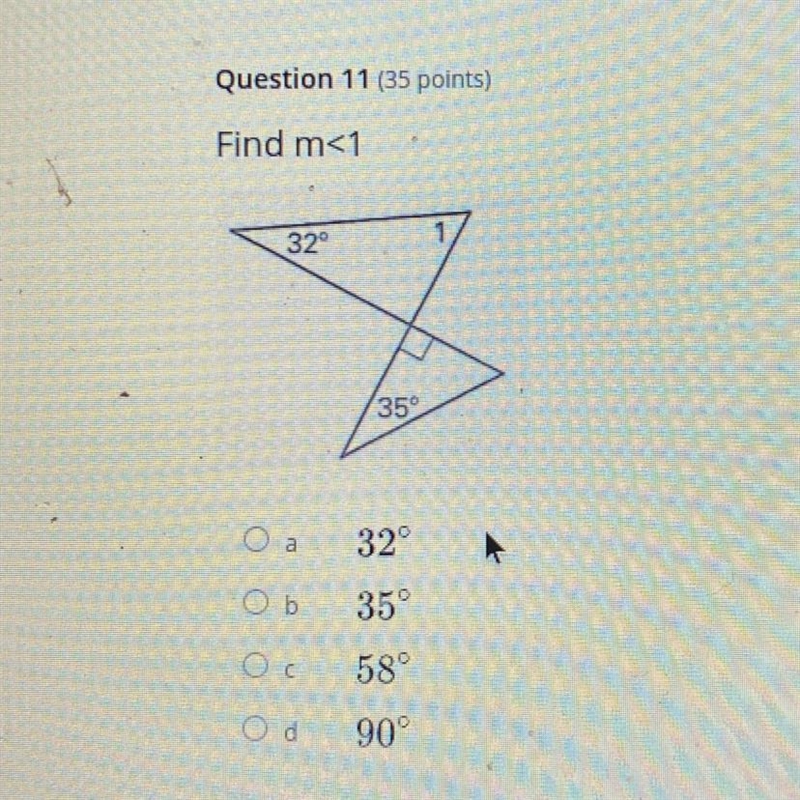 Find m<1 32° 350 Оа 32° Ob 35° 58° Od 90°-example-1