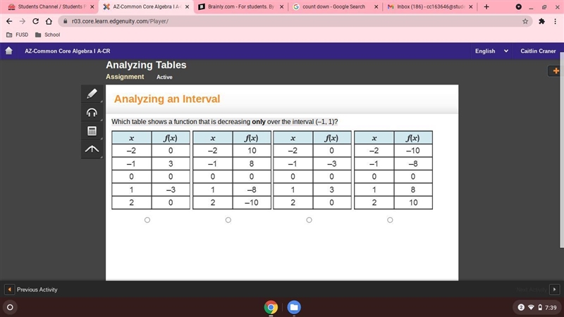 Which table shows a function that is decreasing only over the interval (–1, 1)?-example-1