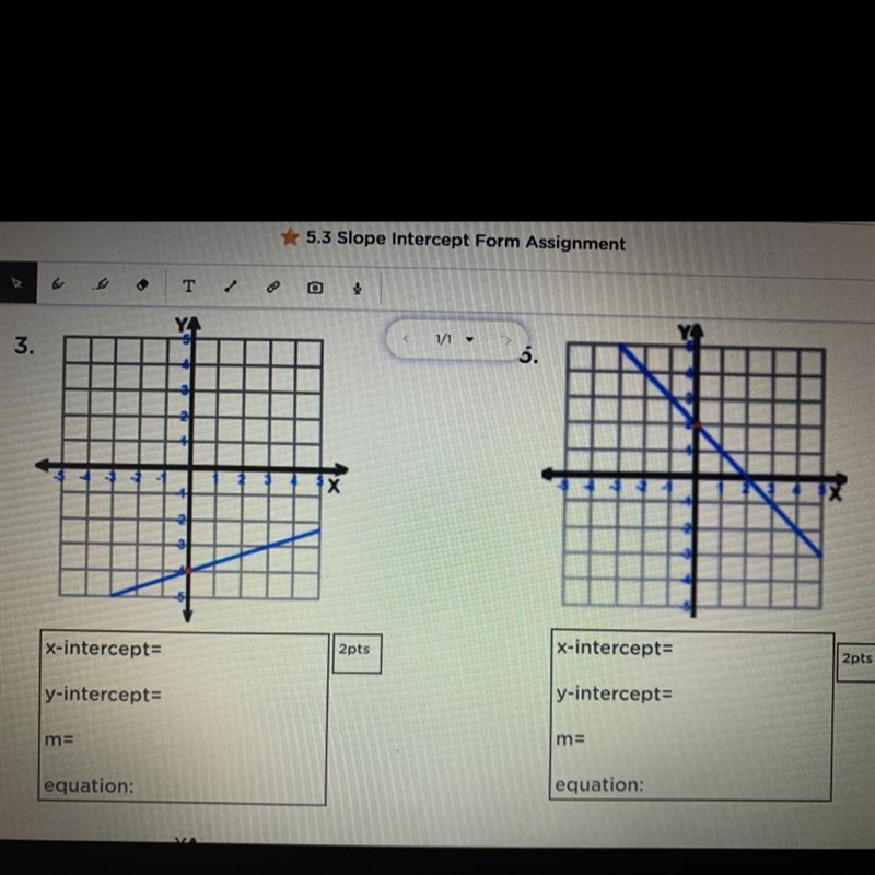 State the x-intercept, y intercept and the slope for each graph. Then write an equation-example-1