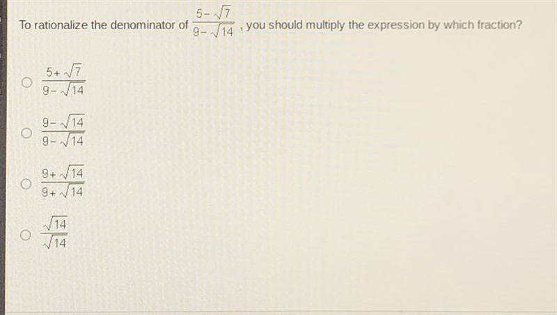 5-7 To rationalize the denominator of 9- 114 · you should multiply the expression-example-1