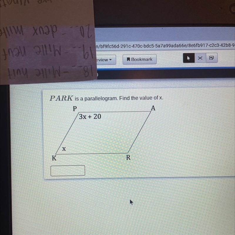 PARK is a parallelogram. Find the value of x.-example-1