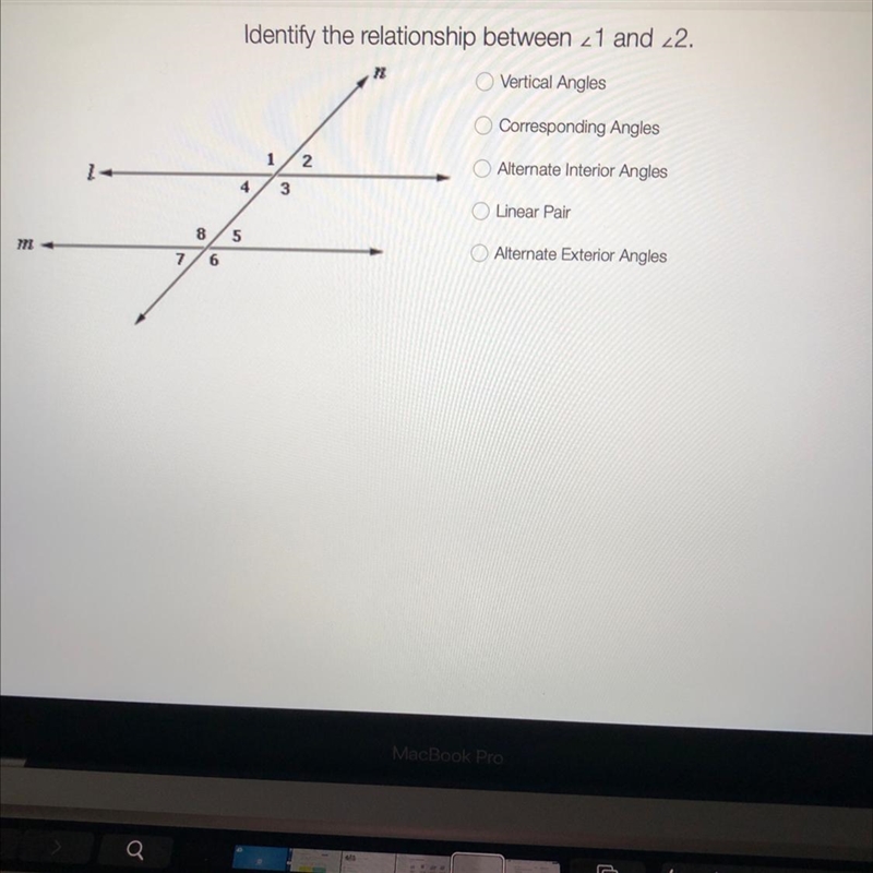 Identify the relationship between 1 and 2 A-Vertical angles B-Corresponding angles-example-1