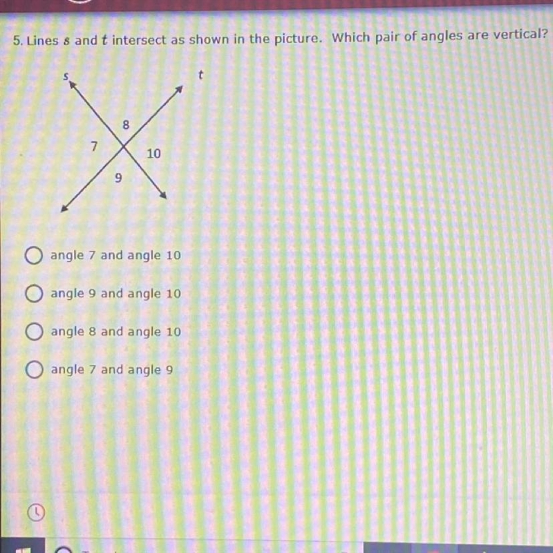 5. Lines s and t intersect as shown in the picture. Which pair of angles are vertical-example-1