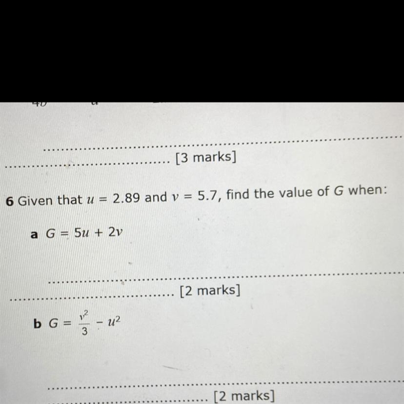 Given that u = 2.89 and v = 5.7, find the value of G when: a G = 5u + 2y-example-1