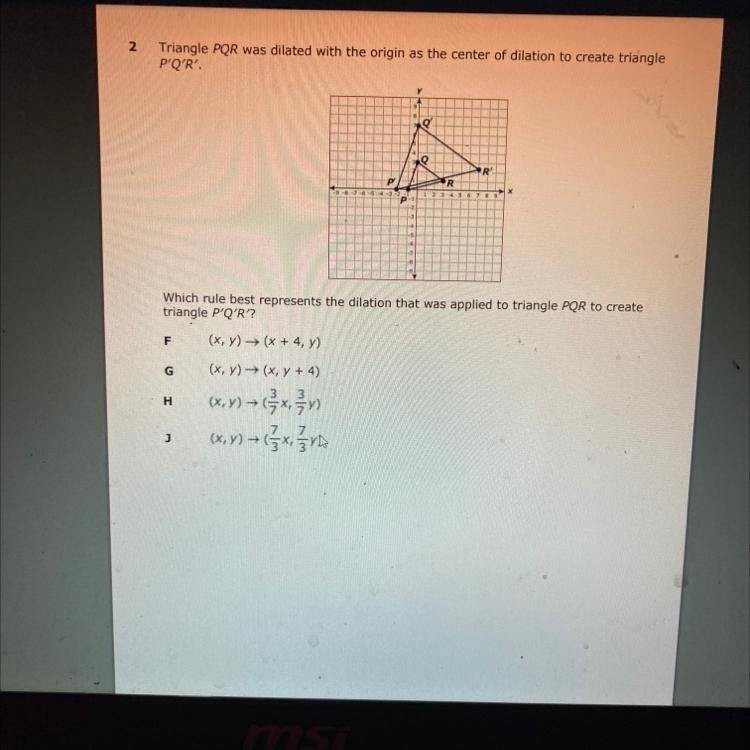 2 Triangle PQR was dilated with the origin as the center of dilation to create triangle-example-1