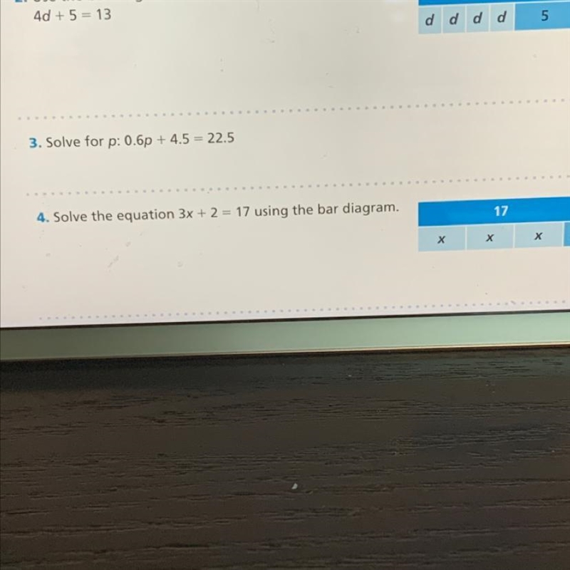 4. Solve the equation 3x + 2 = 17 using the bar diagram. 17 х х Х 2-example-1