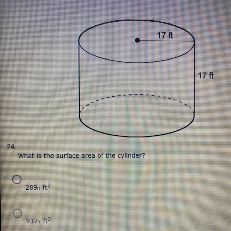 What is the surface area of the cylinder? A. 289pi B. 937pi C. 1,156pi D. 578pi-example-1