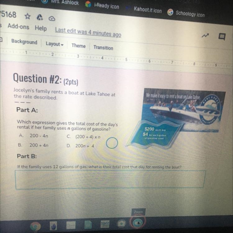 Help! A: 200 - 4n B: 200 + 4n C: (200+4) ✖️ n D: 200n + 4-example-1