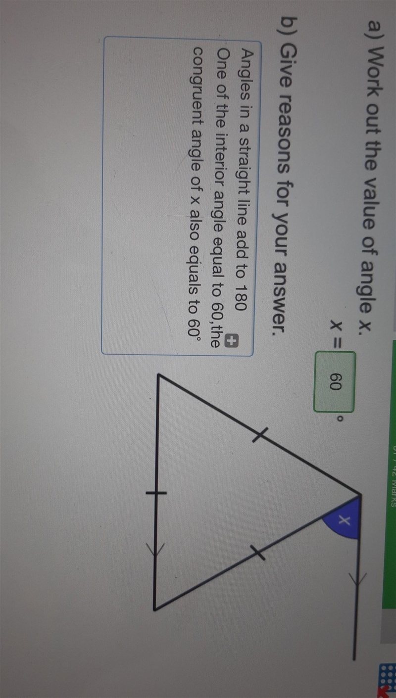 A) Work out the value of angle x. X X= b) Give reasons for your answer.​-example-1