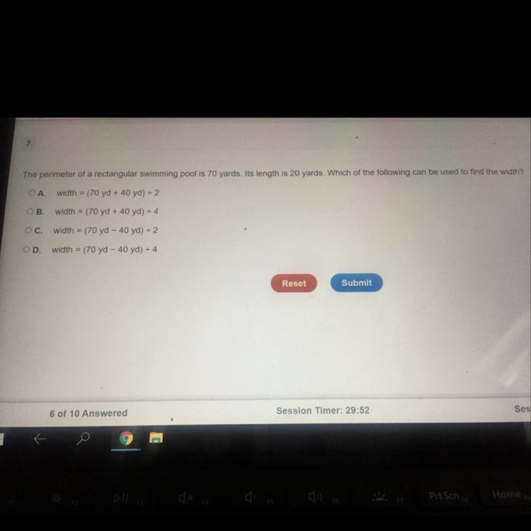 Which of these answer choices can find the width A. Width = (70 yd + 40 yd) /2 B. Width-example-1