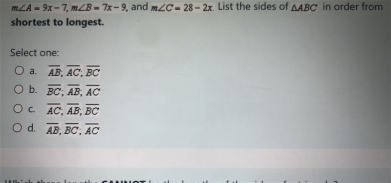 HELP!!! list the sides of ABC in order from shortest to longest!-example-1