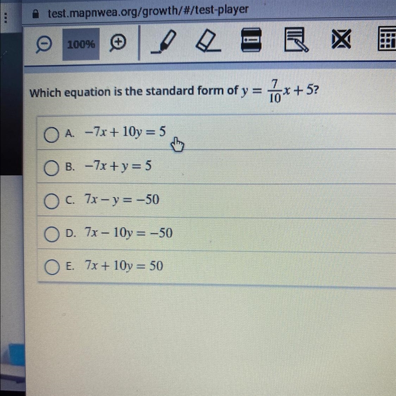 Which equation is the standard form of Y = 7/10x + 5 answer quickkk-example-1