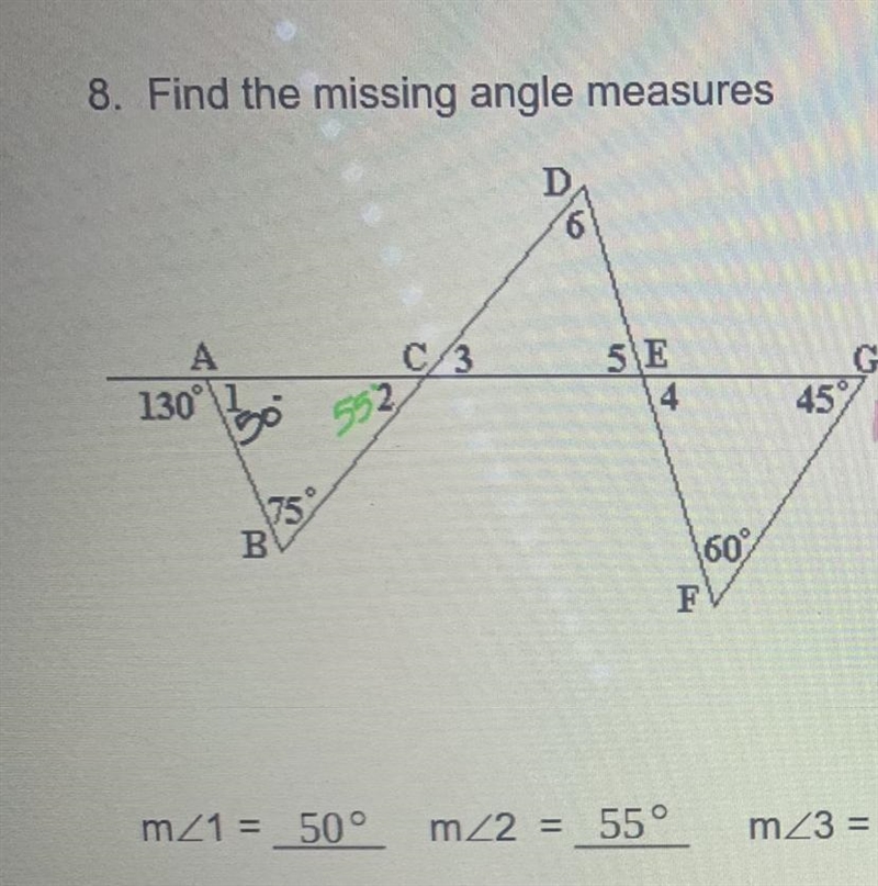 Find the missing angle measures m∠3 m∠4 m∠5 m∠6 Please show work-example-1