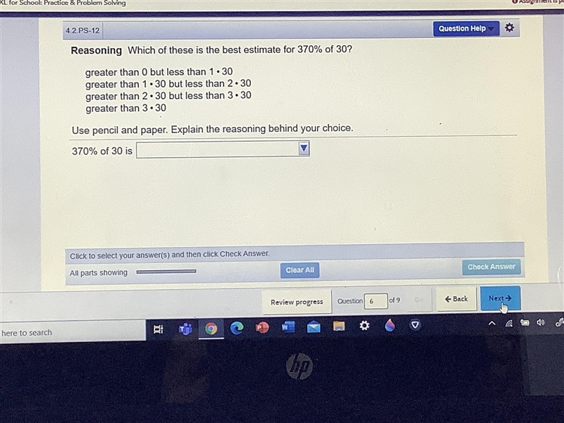 Which of these is the best estimate four 370% of 30?-example-1