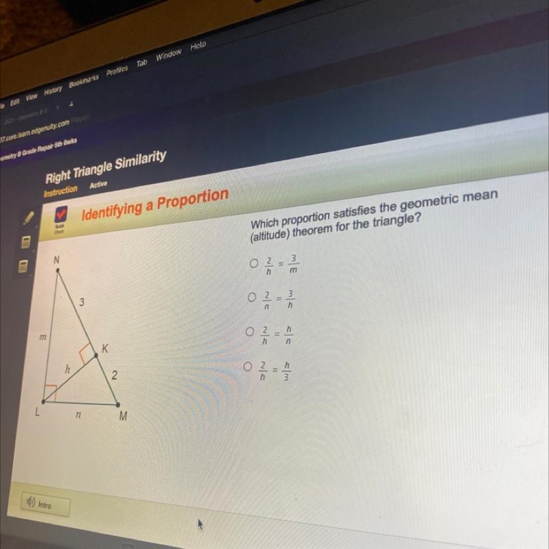 Which proportion satisfies the geometric mean (altitude) theorem for the triangle-example-1