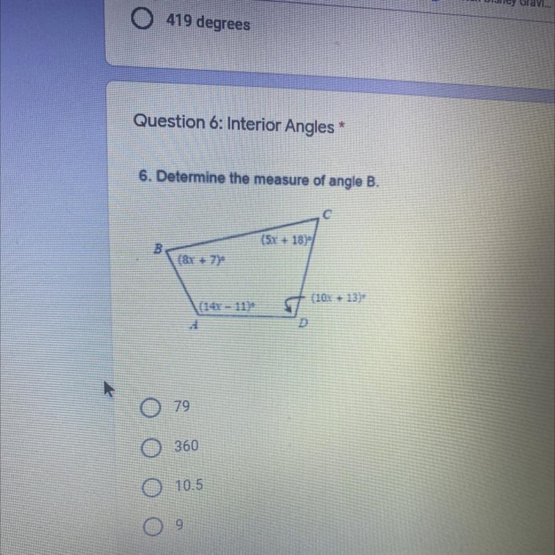 6. Determine the measure of anglé B. C (5x + 18) B (8x + 7)" (10x + 13) (141 - 11) D-example-1