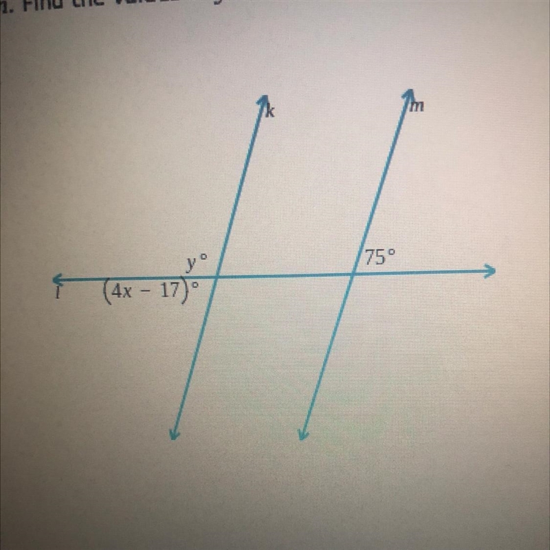 In the figure below, k || m. Find the values of y and x.-example-1