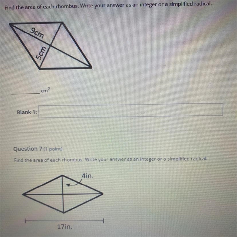 Find the area of each rhombus. Write your answer as an integer or a simplified radical-example-1