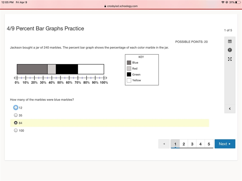 Jackson bought a jar of 240 marbles. The percent bar graph shows the percentage of-example-1