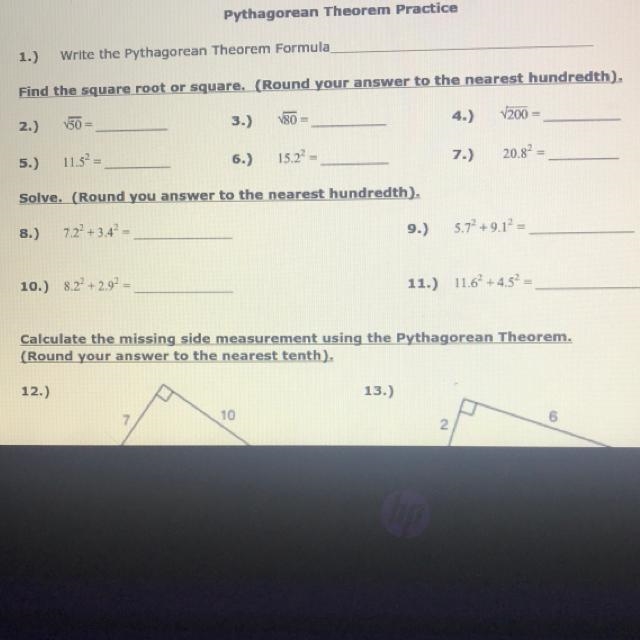 Write the Pythagorean Theorem Formula Find the square root or square. (Round your-example-1