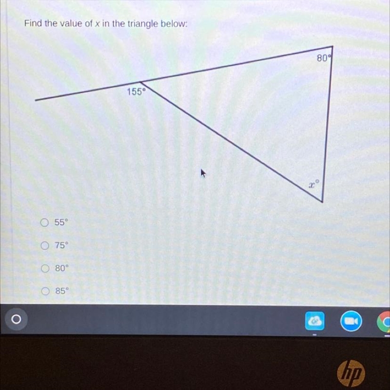 PLEASE HELP 30 POINTS Find the value of x in the triangle below. 804 155 55° o 75 80° Ο Ο 85-example-1