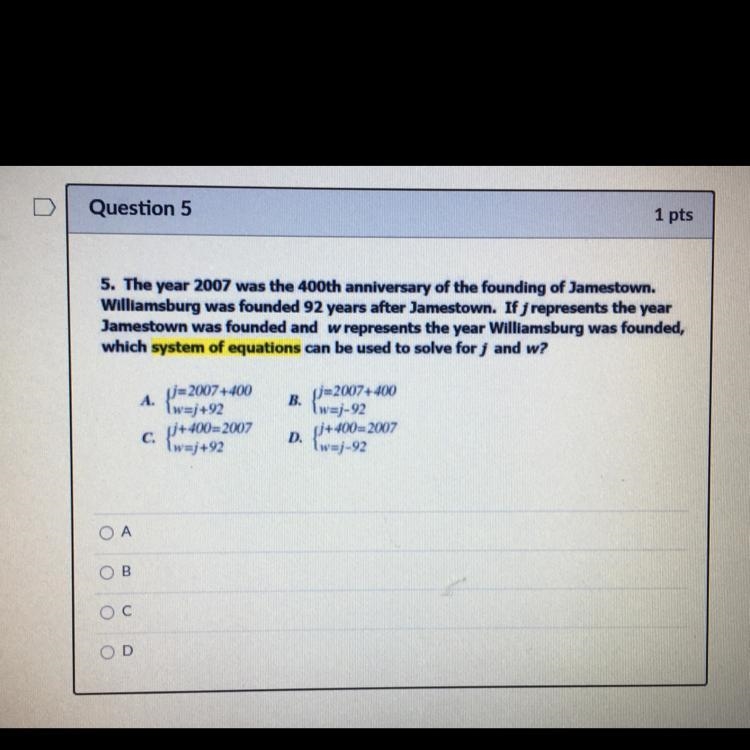 Which system of equations can be used to solve for j and w?-example-1