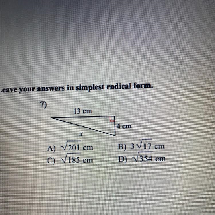 7 pythagorean theorem. simplest radical form-example-1