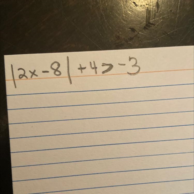 Help me solve this! |2x-8|+4>-3-example-1