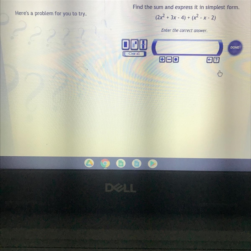 Here's a problem for you to try. Find the sum and express it in simplest form. (2x-example-1