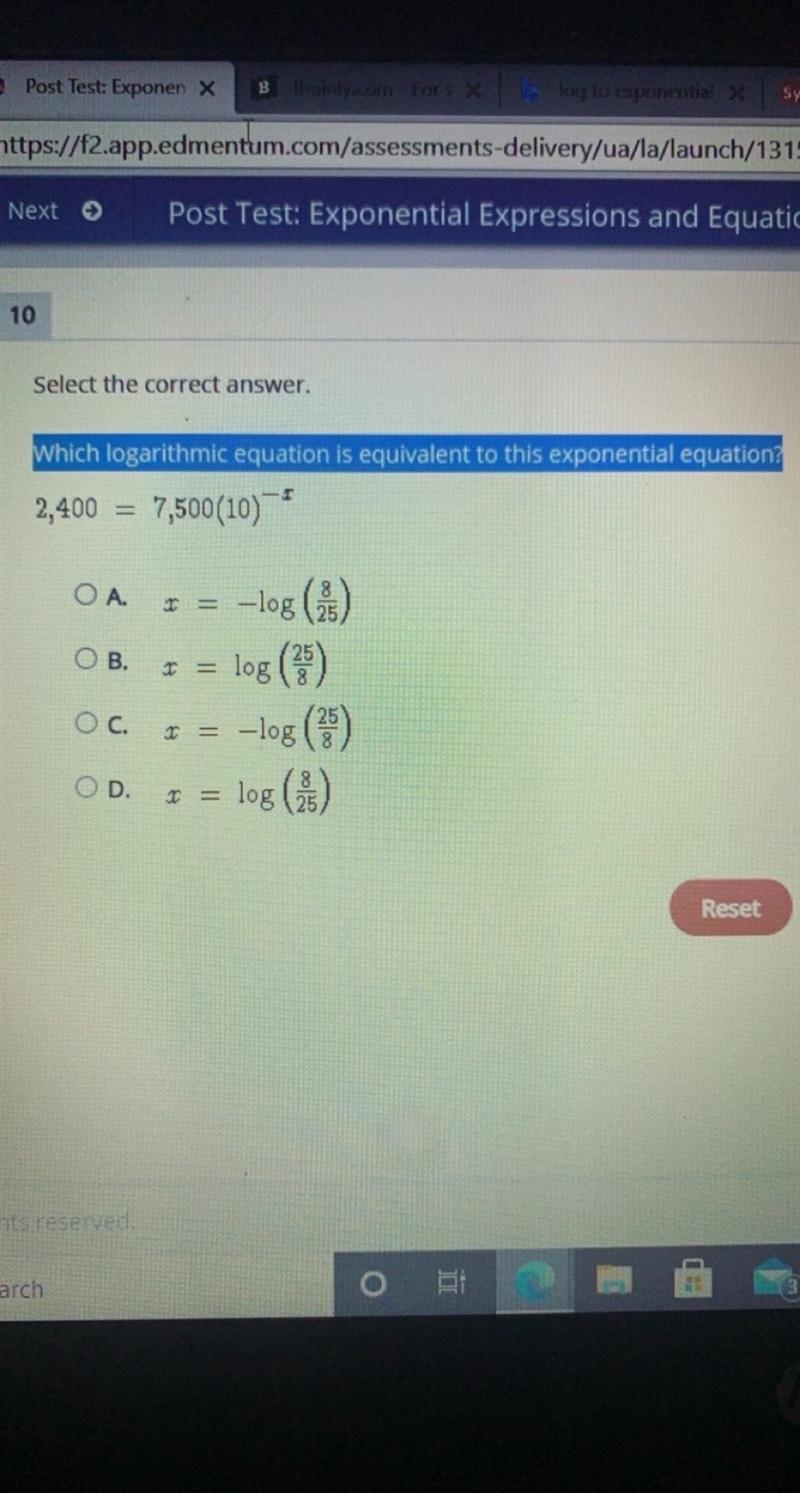 Which logarithmic equation is equivalent to this exponential equation?-example-1